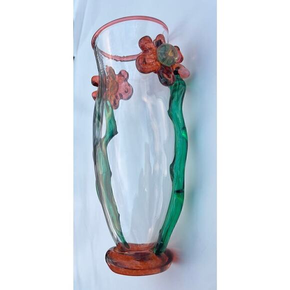 Hand Blown Vase Applied Flowers Green Orange 10.5 in Long - Picture 2 of 11